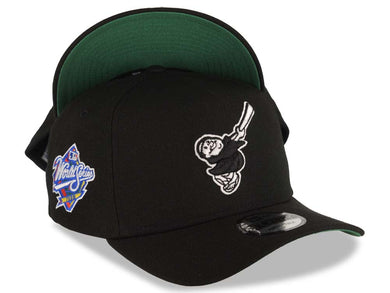 San Diego Padres New Era MLB 9FORTY 940 A-Frame Adjustable Cap Hat Black Crown/Visor Black/White Swinging Friar Logo 1998 World Series Side Patch