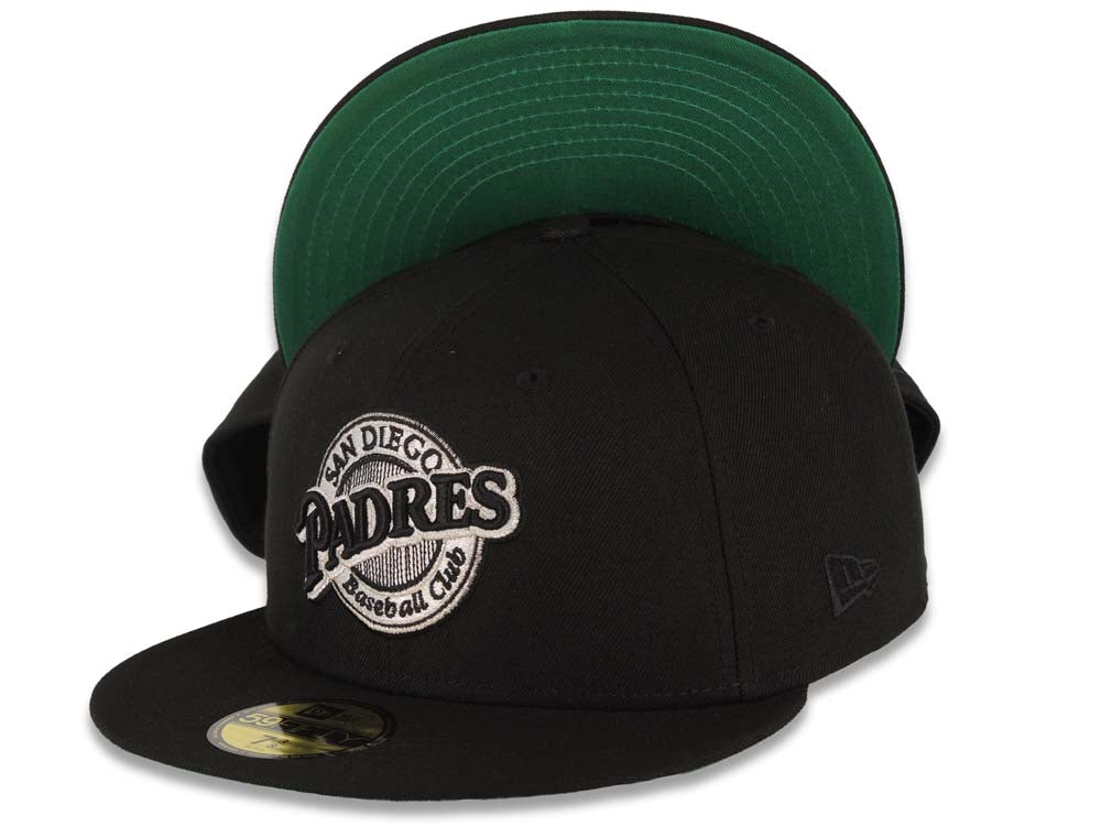 San Diego Padres New Era MLB 59FIFTY 5950 Fitted Cap Hat Black Crown/Visor Black/White Baseball Club Logo Green UV