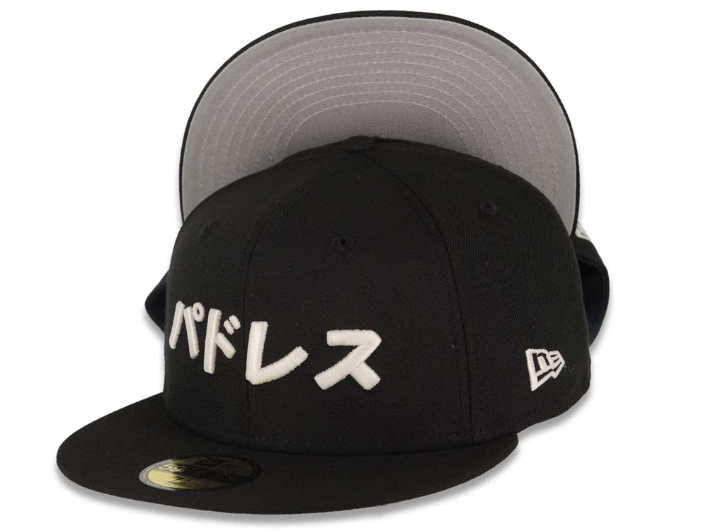 San Diego Padres New Era MLB 59FIFTY 5950 Fitted Cap Hat Black Crown/Visor White Japanese Text Logo Gray UV