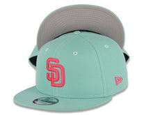 Load image into Gallery viewer, (City Connect Color) San Diego Padres New Era MLB 9FIFTY 950 Snapback Cap Hat Light Teal Crown/Visor Magenta Gray UV
