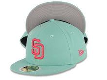 Load image into Gallery viewer, (Youth) San Diego Padres New Era MLB 59FIFTY 5950 Kid Fitted Cap Hat Light Teal Crown/Visor Magenta Logo Gray UV
