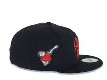 Load image into Gallery viewer, San Diego Padres New Era MLB 59FIFTY 5950 Fitted Cap Hat Black Crown/Visor Metallic Red Script Logo Swinging Friar Side Patch Green UV
