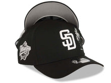 Load image into Gallery viewer, San Diego Padres New Era MLB 9FORTY 940 Adjustable A-Frame Cap Hat Black Crown/Visor White Logo With Palm Tree 1998 World Series Side Patch Gray UV 
