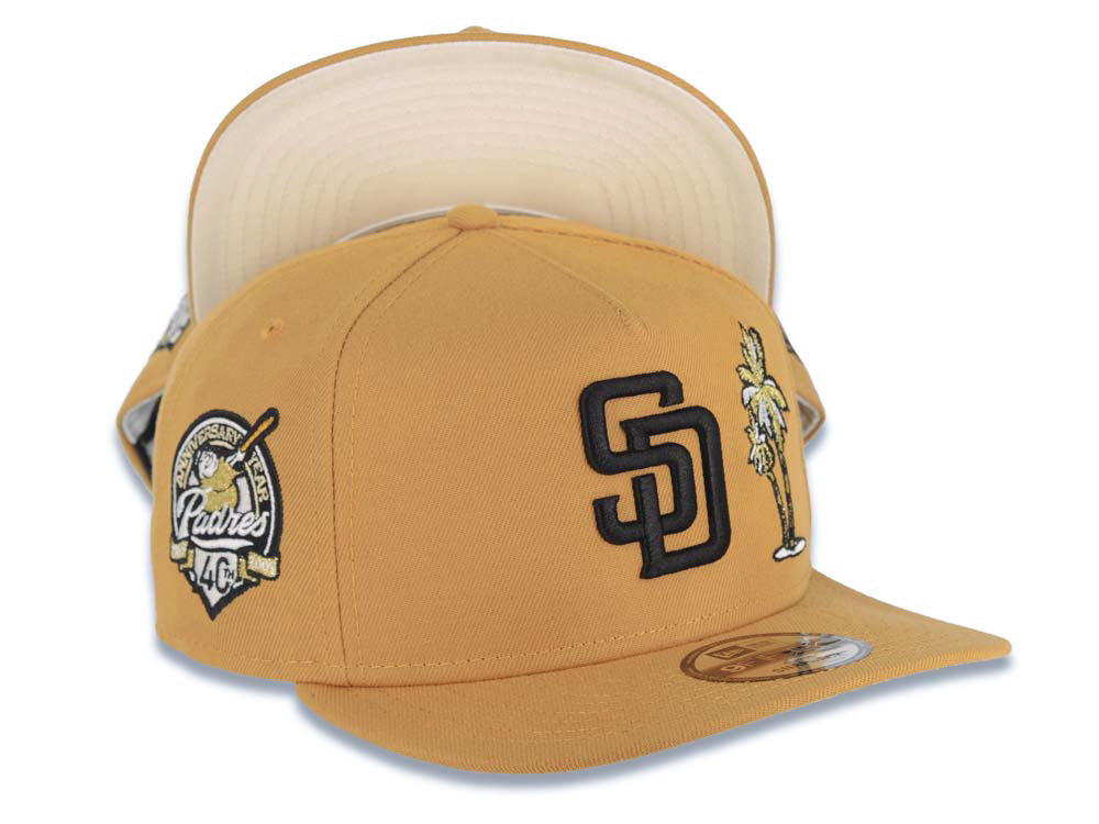 San Diego Padres New Era MLB 9FIFTY 950 Snapback A-Frame Cap Hat Tan Crown/Visor Black Logo With Palm Tree 40th Anniversary Side Patch Wheat UV