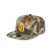 Load image into Gallery viewer, San Diego Padres New Era MLB 9FIFTY 950 A-Frame Snapback Cap Hat Real Tree Edge Camo Crown/Visor Yellow Logo Gray UV
