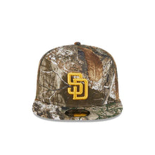 Load image into Gallery viewer, San Diego Padres New Era MLB 9FIFTY 950 A-Frame Snapback Cap Hat Real Tree Edge Camo Crown/Visor Yellow Logo Gray UV
