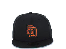 Load image into Gallery viewer, San Diego Padres New Era MLB 59FIFTY 5950 Fitted Cap Hat Black Crown/Visor Brown/Orange Logo Batterman Batty Side Patch Green UV
