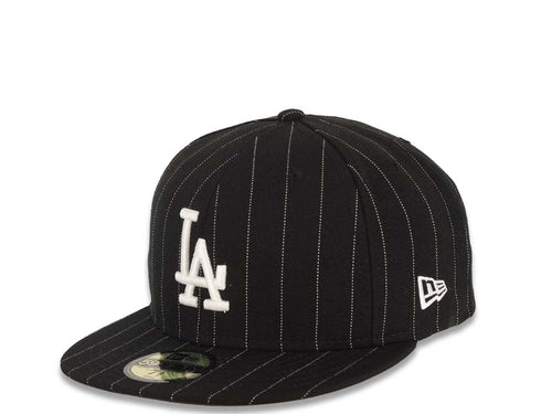 Los Angeles Dodgers New Era MLB 59FIFTY 5950 Fitted Pinstipe Cap Hat Black /White Crown/Visor White Logo