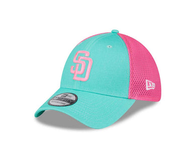 (City Connect) San Diego Padres New Era MLB 39THIRTY 3930 Flexfit Mesh/Trucker Cap Hat Teal/Magenta Crown Teal Visor Pink Logo