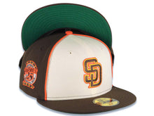 Load image into Gallery viewer, San Diego Padres New Era MLB 59FIFTY 5950 Fitted Cap Hat Cream/Brown Crown Brown Visor Brown/Yellow/Orange Logo 25th Anniversary Side Patch Green UV
