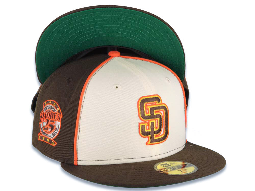 San Diego Padres New Era MLB 59FIFTY 5950 Fitted Cap Hat Cream/Brown Crown Brown Visor Brown/Yellow/Orange Logo 25th Anniversary Side Patch Green UV