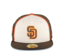 Load image into Gallery viewer, San Diego Padres New Era MLB 59FIFTY 5950 Fitted Cap Hat Cream/Brown Crown Brown Visor Brown/Yellow/Orange Logo 25th Anniversary Side Patch Green UV
