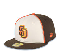 Load image into Gallery viewer, San Diego Padres New Era MLB 59FIFTY 5950 Fitted Cap Hat Cream/Brown Crown Brown Visor Brown/Yellow/Orange Logo 25th Anniversary Side Patch Green UV
