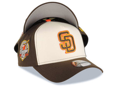 San Diego Padres New Era MLB 9FORTY 940 Adjustable A-Frame Cap Hat Cream/Brown Crown Brown Visor Brown/Yellow/Orange Logo 40th Anniversary Side Patch