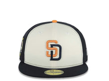 Load image into Gallery viewer, San Diego Padres New Era MLB 59FIFTY 5950 Fitted Cap Hat Cream/Navy Blue Crown Navy Blue Visor Orange/Navy Blue Logo 40th Anniversary Side Patch
