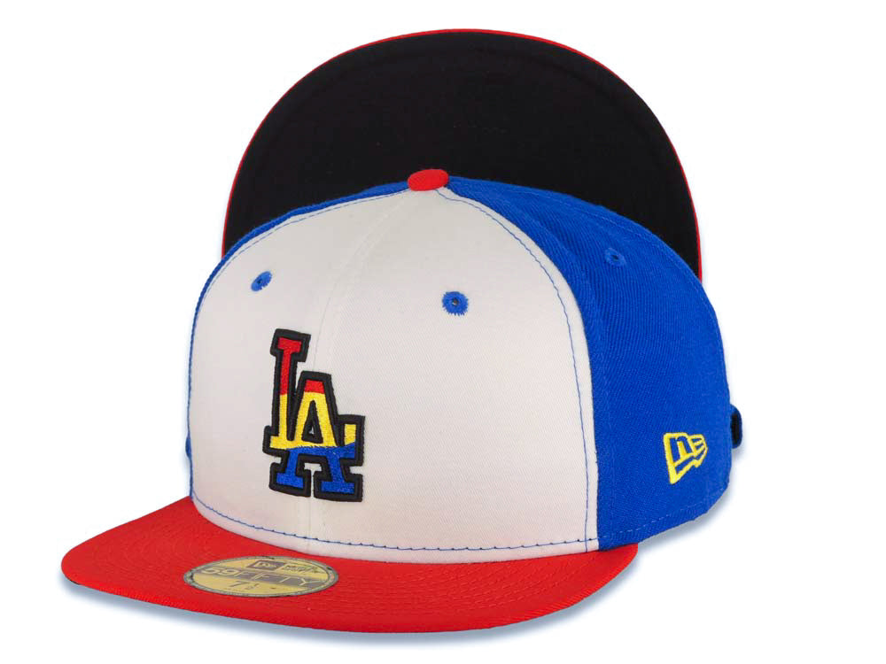 Los Angeles Dodgers New Era MLB 59FIFTY 5950 Fitted Cap Hat White/Royal Blue Crown Red Visor Red/Yellow/Blue Logo