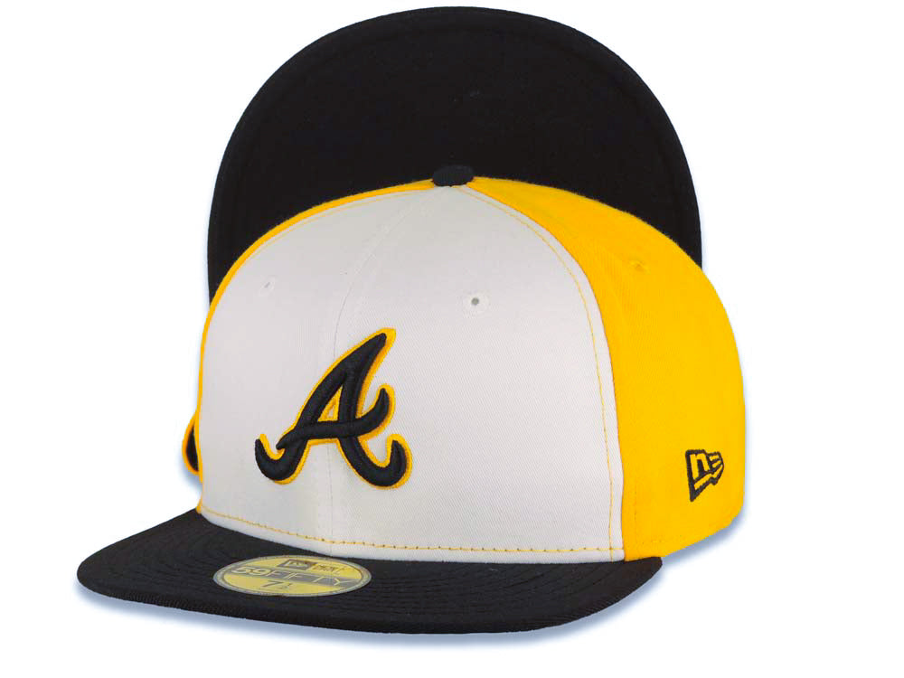 Atlanta Braves New Era MLB 59FIFTY 5950 Fitted Cap Hat White/Yellow Crown Black Visor Black/Yellow Logo