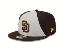 Load image into Gallery viewer, San Diego Padres New Era MLB 9FIFTY 950 Snapback Cap Hat White/Brown Crown Brown Visor Brown/Yellow Logo (2024 Batting Practice)
