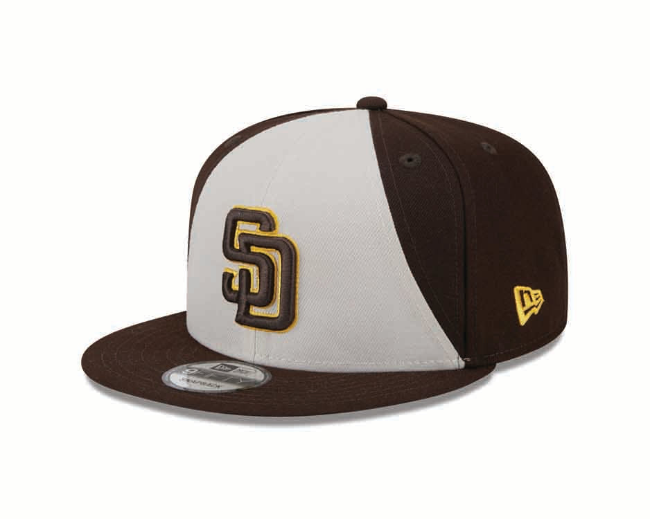 San Diego Padres New Era MLB 9FIFTY 950 Snapback Cap Hat White/Brown Crown Brown Visor Brown/Yellow Logo (2024 Batting Practice)