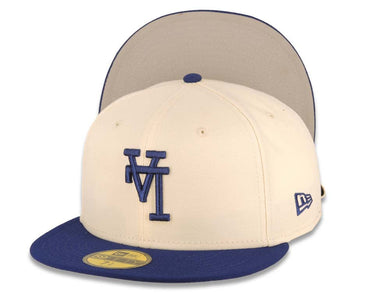Los Angeles Dodgers New Era MLB 59FIFTY 5950 Fitted Cap Hat Cream Crown Dark Royal Visor Dark Royal Upside Down Logo Gray UV