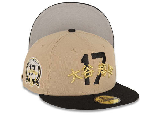 Los Angeles Dodgers New Era MLB 59FIFTY 5950 Fitted Cap Hat Khaki Crown Black Visor Black/Metallic Gold Shohei Ohtani 17 Logo Shohei Ohtani Side Patch
