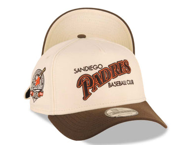 San Diego Padres New Era MLB 9FORTY 940 Adjustable A-Frame Cap Hat Cream Crown Brown Visor Brown/Orange Baseball Club Logo 40th Anniversary Side Patch
