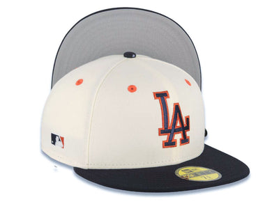 Los Angeles Dodgers New Era MLB 59FIFTY 5950 Fitted Cap Hat Cream Crown Navy Blue Visor Navy/Red Logo Batterman Batty Side Patch