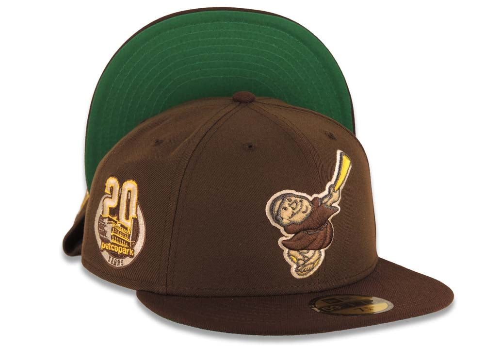 San Diego Padres New Era MLB 59FIFTY 5950 Fitted Cap Hat Brown Crown Dark Brown Visor Brown/Yellow Swinging Friar Logo Petco Park 20 Years Side Patch