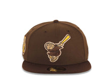 Load image into Gallery viewer, San Diego Padres New Era MLB 59FIFTY 5950 Fitted Cap Hat Brown Crown Dark Brown Visor Brown/Yellow Swinging Friar Logo Petco Park 20 Years Side Patch
