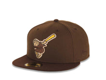 Load image into Gallery viewer, San Diego Padres New Era MLB 59FIFTY 5950 Fitted Cap Hat Brown Crown Dark Brown Visor Brown/Yellow Swinging Friar Logo Petco Park 20 Years Side Patch
