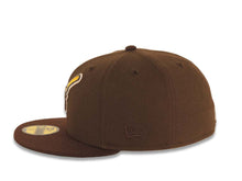 Load image into Gallery viewer, San Diego Padres New Era MLB 59FIFTY 5950 Fitted Cap Hat Brown Crown Dark Brown Visor Brown/Yellow Swinging Friar Logo Petco Park 20 Years Side Patch
