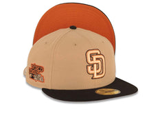 Load image into Gallery viewer, San Diego Padres New Era MLB 59FIFTY 5950 Fitted Cap Hat Khaki Crown Black Visor Peach/Metallic Brown/Black Logo 1984 World Series Side Patch
