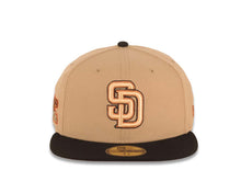 Load image into Gallery viewer, San Diego Padres New Era MLB 59FIFTY 5950 Fitted Cap Hat Khaki Crown Black Visor Peach/Metallic Brown/Black Logo 1984 World Series Side Patch
