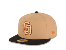 Load image into Gallery viewer, San Diego Padres New Era MLB 59FIFTY 5950 Fitted Cap Hat Khaki Crown Black Visor Peach/Metallic Brown/Black Logo 1984 World Series Side Patch
