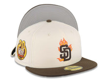 Load image into Gallery viewer, San Diego Padres New Era MLB 59FIFTY 5950 Fitted Cap Hat Cream Crown Brown Visor Brown with Flame Logo 20 Years Petco Park Side Patch
