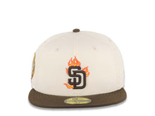 Load image into Gallery viewer, San Diego Padres New Era MLB 59FIFTY 5950 Fitted Cap Hat Cream Crown Brown Visor Brown with Flame Logo 20 Years Petco Park Side Patch
