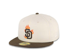 Load image into Gallery viewer, San Diego Padres New Era MLB 59FIFTY 5950 Fitted Cap Hat Cream Crown Brown Visor Brown with Flame Logo 20 Years Petco Park Side Patch
