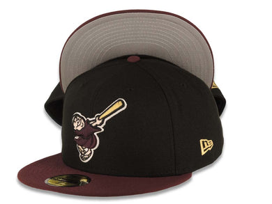 San Diego Padres New Era MLB 59FIFTY 5950 Fitted Cap Hat Black Crown Maroon Visor Maroon/Yellow Swinging Friar Logo Gray UV