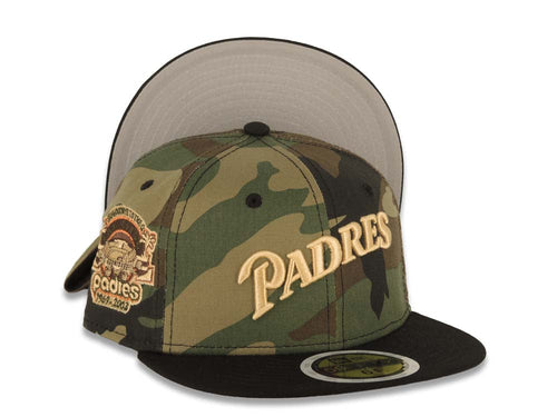 (Youth) San Diego Padres New Era MLB 59FIFTY 5950 Kid Fitted Cap Hat Camo Crown Black Visor Light Khaki Script/Text Logo 1969-2003 Stadium Side Patch