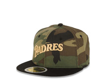 Load image into Gallery viewer, (Youth) San Diego Padres New Era MLB 59FIFTY 5950 Kid Fitted Cap Hat Camo Crown Black Visor Light Khaki Script/Text Logo 1969-2003 Stadium Side Patch
