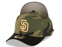 Load image into Gallery viewer, San Diego Padres New Era MLB 9FORTY 940 A-Frame Adjustable Cap Hat Camo Crown Black Visor Light Khaki Logo Gray UV
