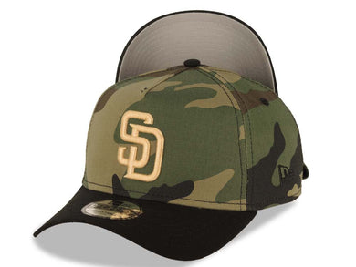 San Diego Padres New Era MLB 9FORTY 940 A-Frame Adjustable Cap Hat Camo Crown Black Visor Light Khaki Logo Gray UV
