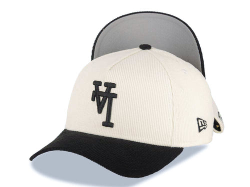 (Corduroy) Los Angeles Dodgers New Era MLB 9FORTY 940 Adjustable A-Frame Cap Hat Cream Crown Black Visor Black Upside Down Logo