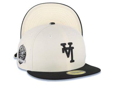 Los Angeles Dodgers New Era MLB 59FIFTY 5950 Fitted Cap Hat Cream Crown Black Visor Black Upside Down Logo 60th Anniversary Side Patch