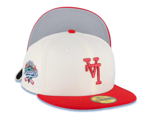 Los Angeles Dodgers New Era MLB 59FIFTY 5950 Fitted Cap Hat Cream Crown Red Visor Red Upside Down Logo 100th Anniversary Side Patch