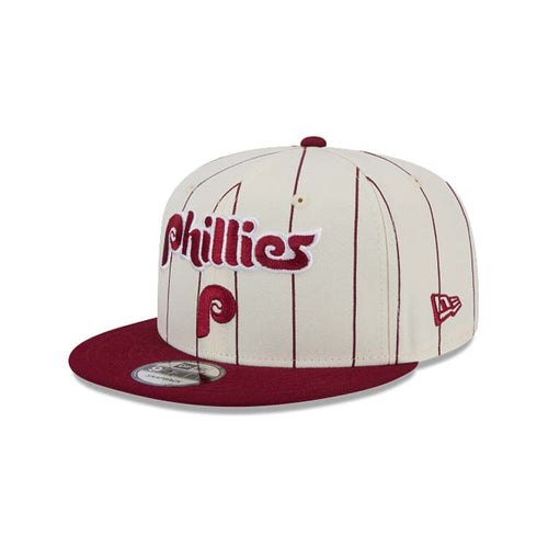 Philadelphia Phillies New Era MLB 9FIFTY 950 Snapback Cap Hat Cream Pinstripe Crown Cardinal Visor Cardinal Text Logo