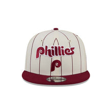 Load image into Gallery viewer, Philadelphia Phillies New Era MLB 9FIFTY 950 Snapback Cap Hat Cream Pinstripe Crown Cardinal Visor Cardinal Text Logo
