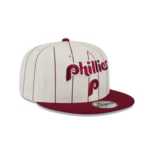 Load image into Gallery viewer, Philadelphia Phillies New Era MLB 9FIFTY 950 Snapback Cap Hat Cream Pinstripe Crown Cardinal Visor Cardinal Text Logo
