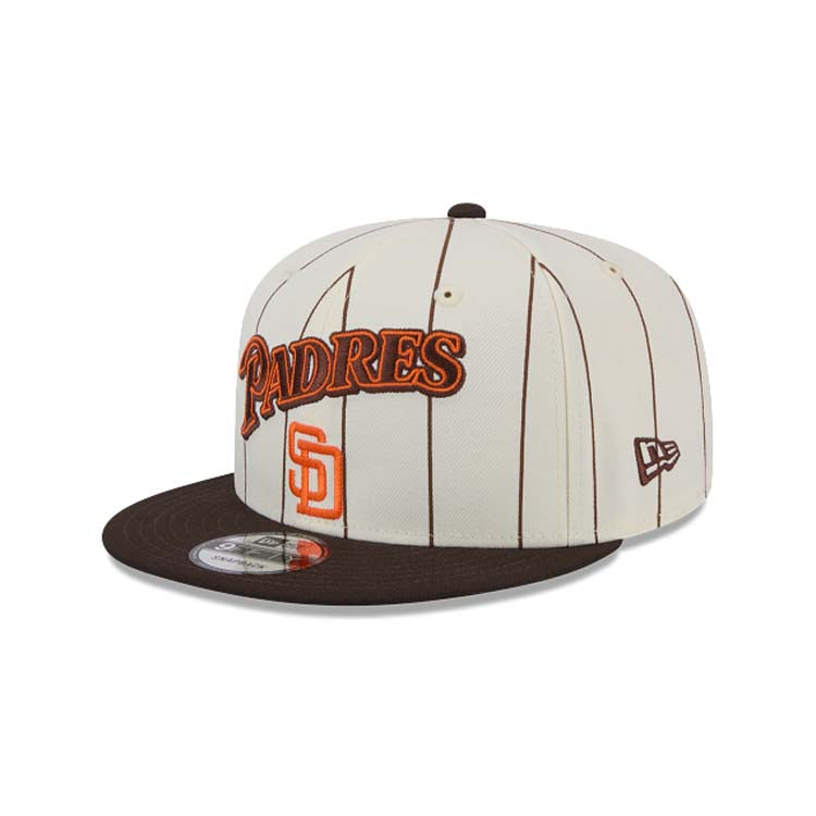 San Diego Padres New Era MLB 9FIFTY 950 Snapback Cap Hat Cream Pinstripe Crown Brown Visor Orange/Brown Script/Text Logo