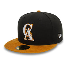 Load image into Gallery viewer, (Corduroy Visor) Los Angeles Anaheim Angels New Era MLB 59FIFTY 5950 Fitted Cap Hat Black Crown Wheat Visor White/Wheat Logo 35th Anniversary Side Patch
